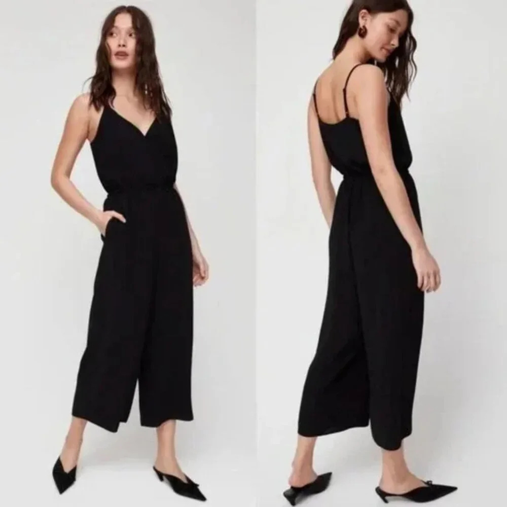 Aritzia Wilfred Melodie Wide Leg V  Neck Jumpsuit Black Size Small
